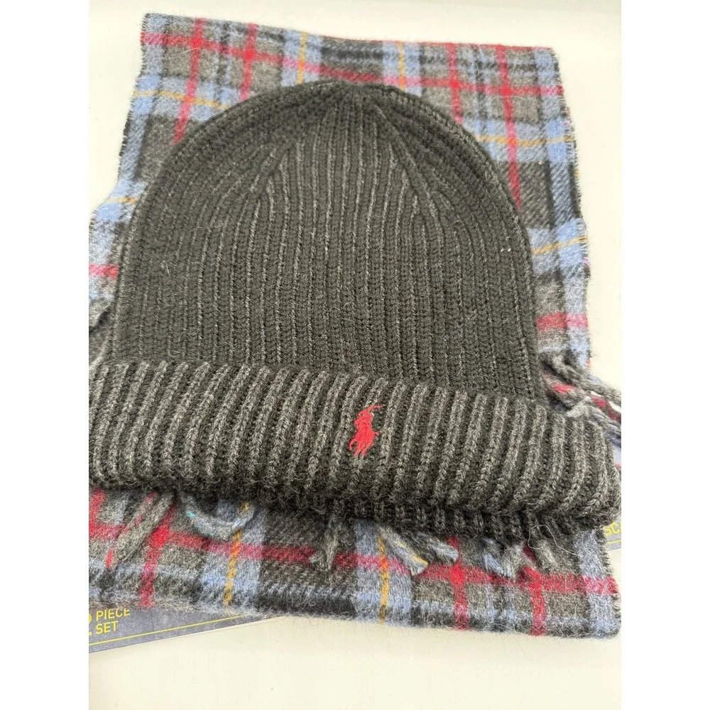 Polo Ralph Lauren Men's Merino Wool 2 Piece Set Hat & Scarf Reversible BLUE
